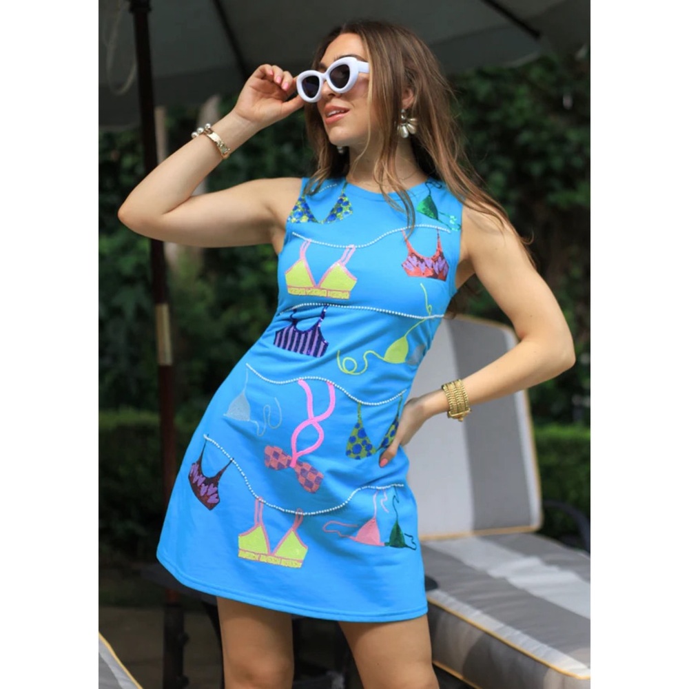 QUEEN OF SPARKLES Aqua Blue Bikini-Print Sleeveless Mini Dress